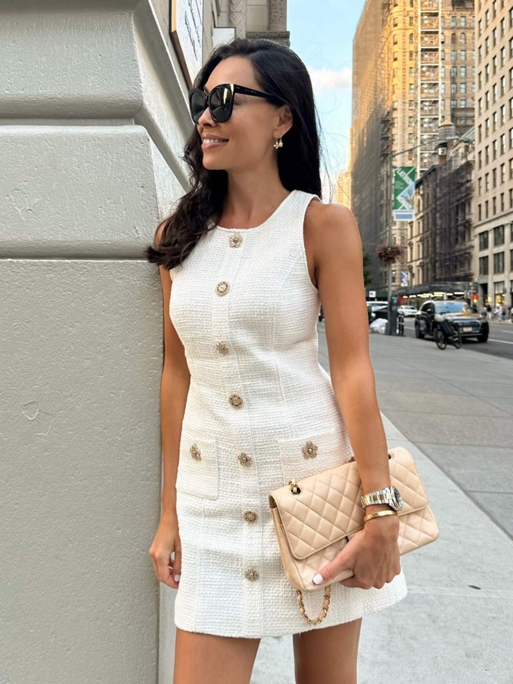 Sleeveless White Tweed Button-Front Mini Dress